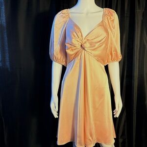 Express Satin Puff Sleeve Twist-Front Cut-Out Dress